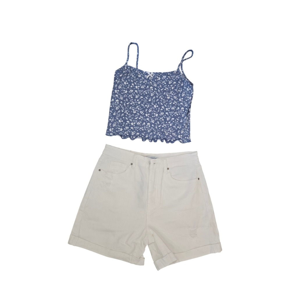 Gaze Floral Cami & Luvamia White Denim Shorts Set Blue White Med LC731188-1